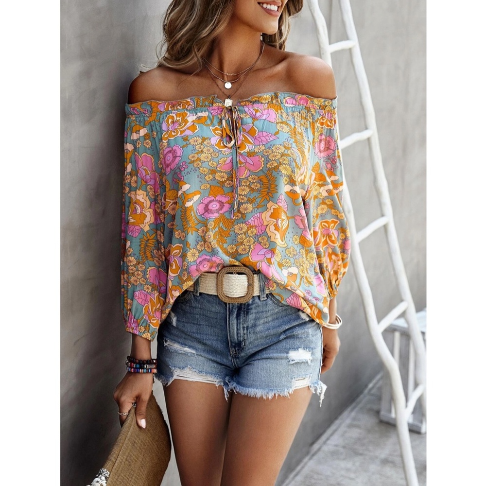 Off The Shoulder Floral Print Boho Top Long Bishop Sleeves Relaxed - Picture 4 of 5